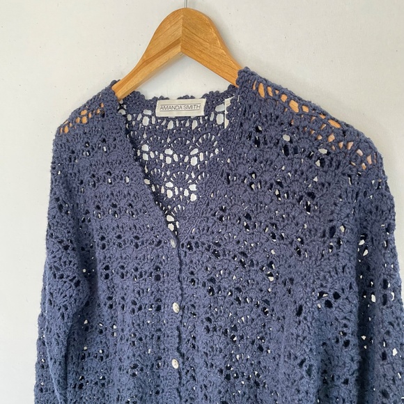 AMANDA SMITH Women’s Size Large Vintage Navy Blue Crochet Cardigan Sweater - Picture 2 of 7